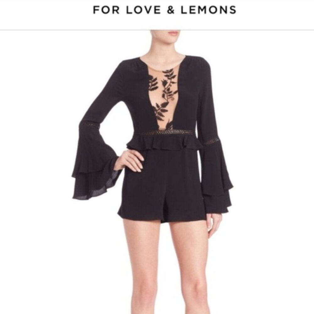 For Love & Lemons Emilia Romper Jumpsuit Shorts Long Sleeve Floral  Black Medium